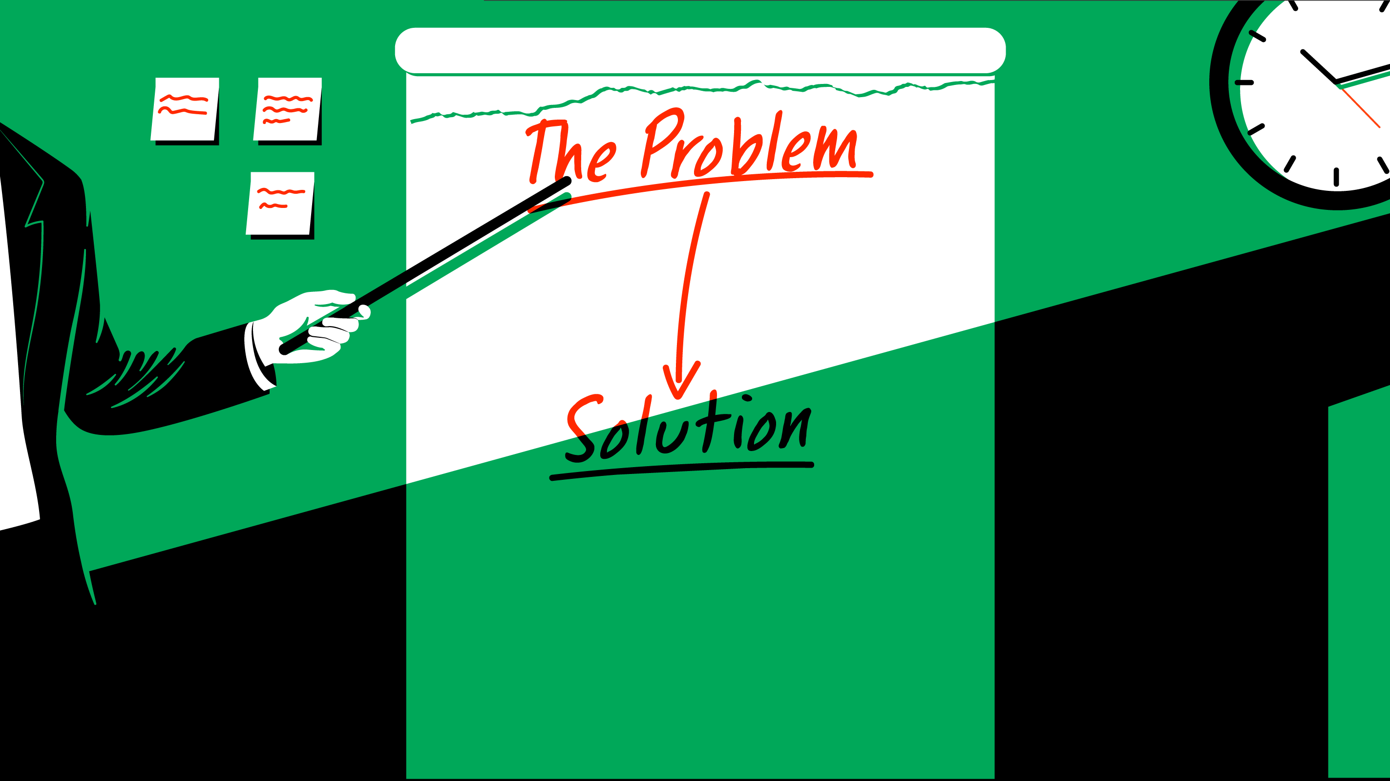 An illustration of a whiteboard displaying the words "the problem" and "the solution"