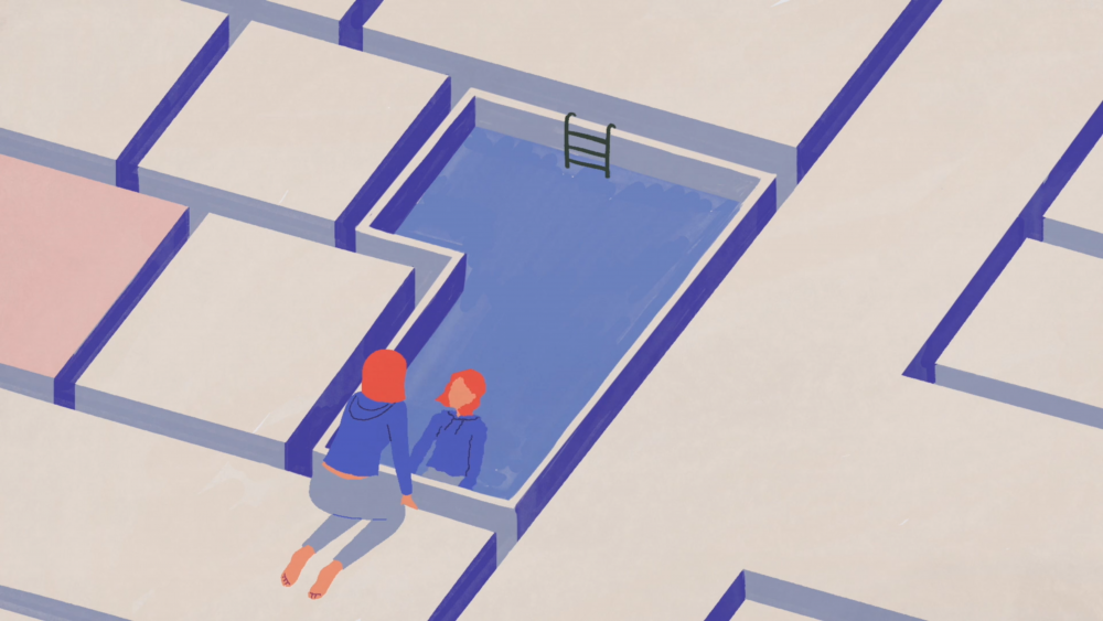 A still from an animation depicting a woman looking into a pool in a giant keyboard