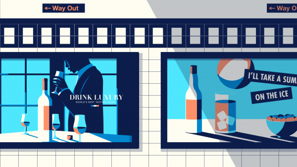 Illustration of two adverts for vodka - one luxury, one cheaper