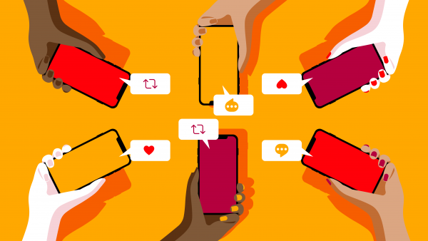 Illustratiom showing multiple phones hooked up to different social media sites 